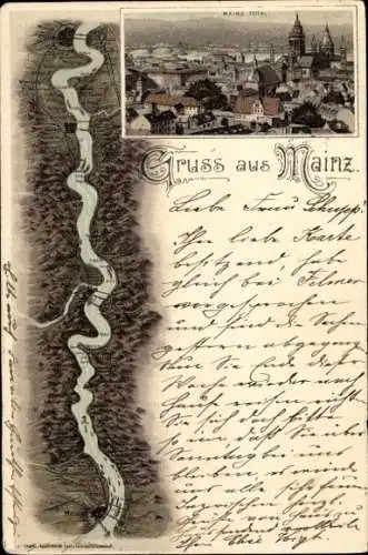 Landkarten Litho Mainz am Rhein, Stadtpanorama, Flusslauf