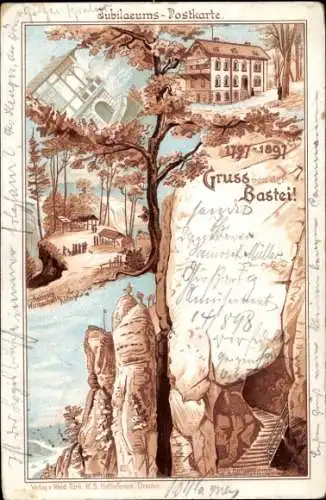 Litho Lohmen Sächsische Schweiz, Basteifelsen, Wald Villa, älteste Wirtschaftsanlage, 1797-1897