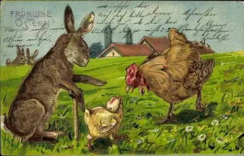 Präge Litho Glückwunsch Ostern, Osterhase, Henne, Küken