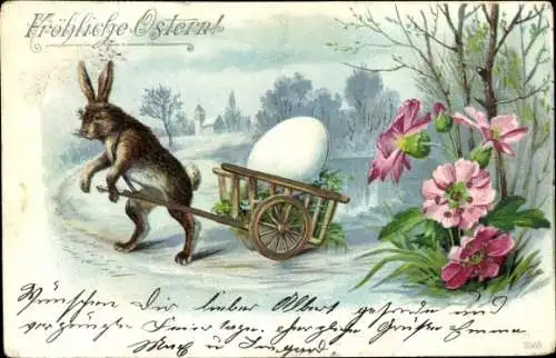 Litho Glückwunsch Ostern, Hase zieht Karre mit Osterei, Blumen