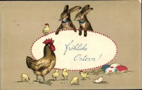 Präge Ak Glückwunsch Ostern, Osterhasen, Hahn, Küken