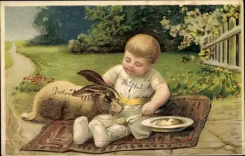 Präge Ak Kind füttert ein Kaninchen