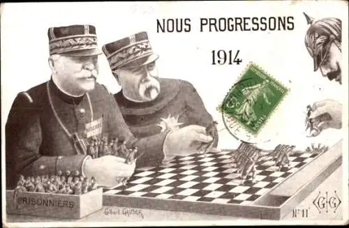 Ak Nous Progressons 1914, Nous Vaincrons, Joffre, Guillaume II., Échecs, Schach, Kriegsgefangene