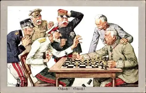 Künstler Ak Zasche, Schach, Hindenburg, Hötzendorf, Joffre, French, Cordona, Großfürst Romanow