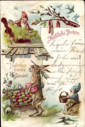 Litho Glückwunsch Ostern, Ostereierkorb, Osterhase als Maler, Zwerge