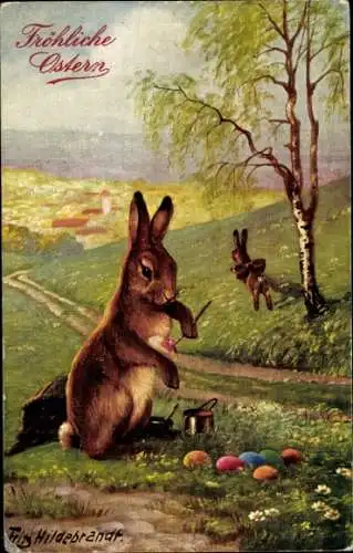 Künstler Ak Hildebrandt, F., Glückwunsch Ostern, Osterhase bemalt Eier, Birke