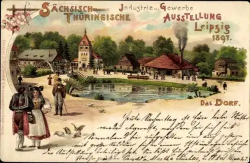 Litho Leipzig, Sächsisch Thüringische Industrie und Gewerbeausstellung 1897, Trachten, Dorf