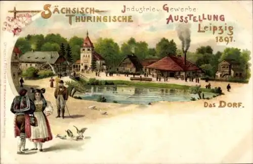Litho Leipzig, Sächsisch Thüringische Industrie und Gewerbeausstellung 1897, Trachten, Dorf