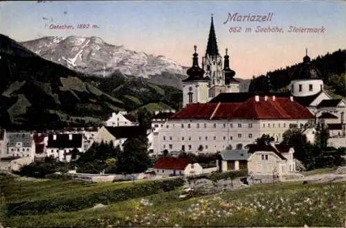 Ak Maria Zell Steiermark, Ortschaft mit Kirche, Gebirge