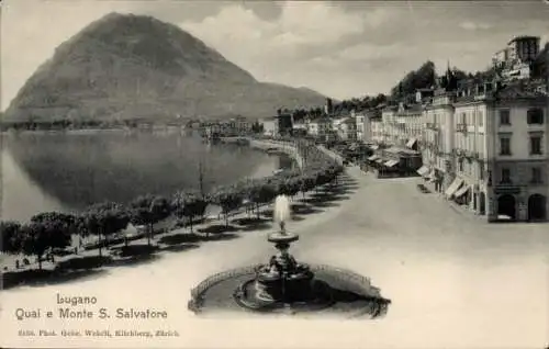 Ak Lugano Kt Tessin, Quai e Monte S. Salvatore, Fontäne, Wasserpromenade