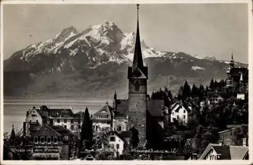 Ak Weggis Kanton Luzern, Teilansicht, Kirche, Pilatus