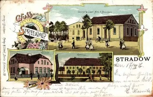 Litho Stradow Vetschau im Spreewald, Gasthof A. Boschan, Schule, Schloss