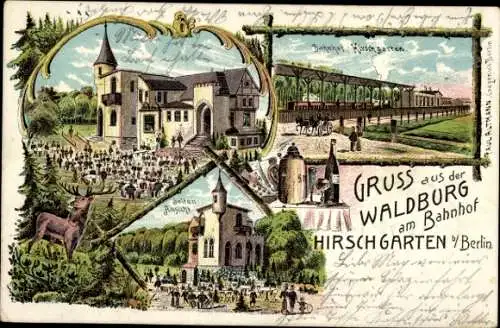 Litho Berlin Köpenick Friedrichshagen Hirschgarten, Bahnhof, Gastwirtschaft Waldburg