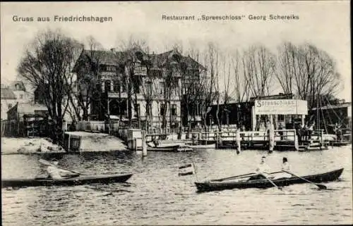 Ak Berlin Köpenick Friedrichshagen, Restaurant Spreeschloss, Anlegesteg, Boote