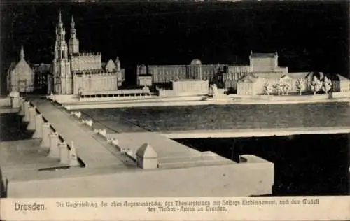 Ak Dresden, Umgestaltung der alten Augustusbrücke und des Theaterplatzes mit Helbigs Etablissement