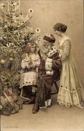 Litho Frohe Weihnachten, Weihnachtsmann, betendes Kind, Tannenbaum, Frau