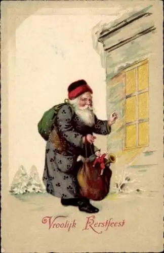 Ak Frohe Weihnachten, Weihnachtsmann mit Geschenkesack am Fenster