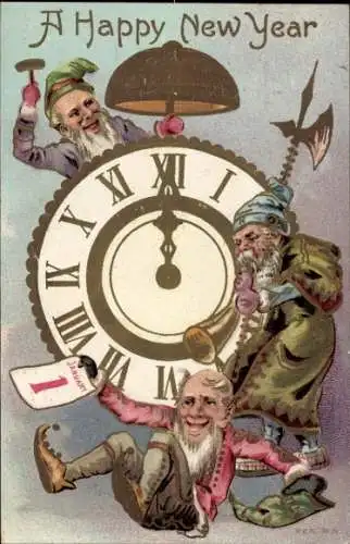 Präge Ak Fröhliches Neujahr, Uhr, Zwerge, Nachtwächter