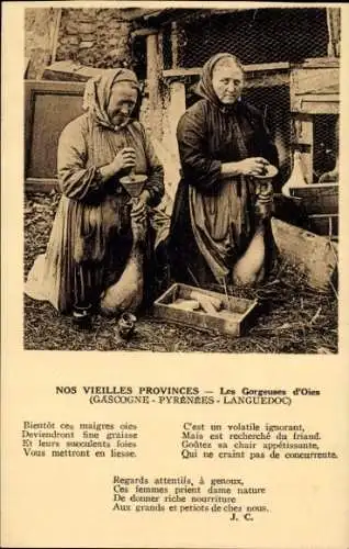 Ak Frankreich, die alten Provinzen, Gascogne, Pyrenäen, Languedoc, Gänsemästerinnen, Gedicht