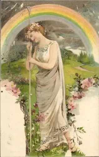 Litho Frau im weißen Gewand, Regenbogen