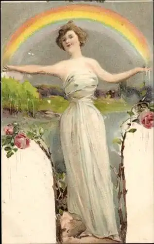 Litho Frau im durchsichtigen weißen Gewand, Regenbogen