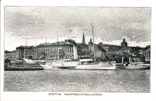 Ak Szczecin Stettin Pommern, Dampfschiffbollwerk, Schiff vor Anker