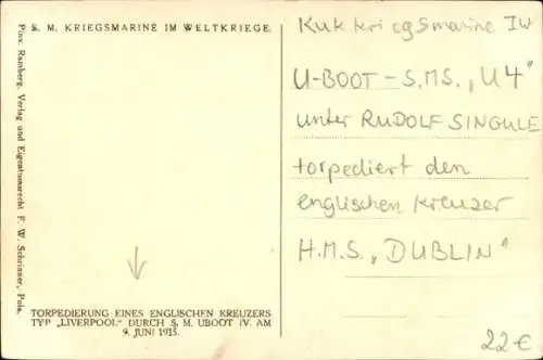 Künstler Ak Ramberg, Österreichisches U Boot U 4 torpediert engl. Kreuzer HMS Dublin, I WK