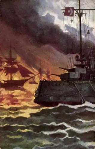 Künstler Ak Türkisches Kriegsschiff, Sultan Javus Selim, SMS Goeben, Russische Handelsflotte