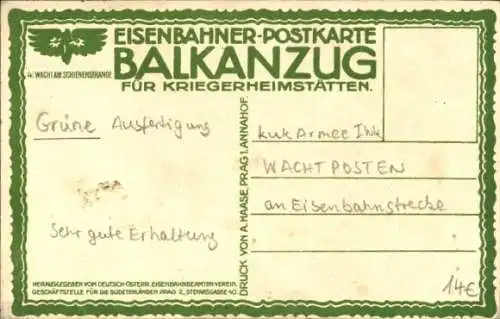 Künstler Ak Kuk Armee, Wachtposten, Eisenbahner-Postkarte Balkanzug für Kriegerheimstätten