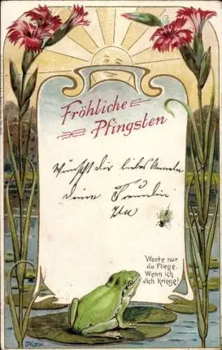 Künstler Litho Koch, Glückwunsch Pfingsten, Frosch, Fliege, Blumen