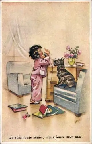 Künstler Ak Bouret, Germaine, Mädchen am Telefon, schwarzer Terrier auf einem Sessel