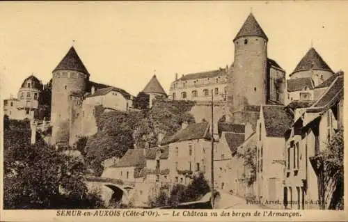 Ak Semur en Auxois Côte-d’Or, Chateau vu des berges de l'Armancon