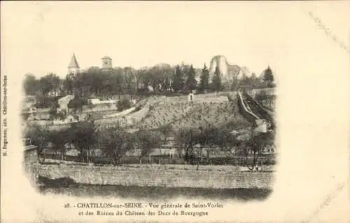 Ak Châtillon sur Seine Côte d’Or, vue generale de Saint-Vorles, Ruines du Chateau des Ducs