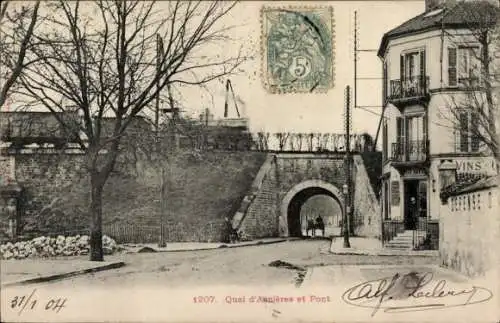 Ak Asnières-sur-Seine Hauts-de-Seine, Kai und Brücke