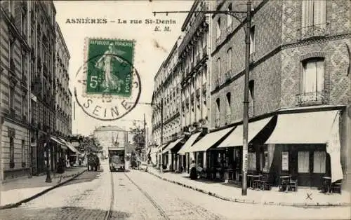 Ak Asnières-sur-Seine Hauts-de-Seine, La Rue St Denis, Straßenbahn