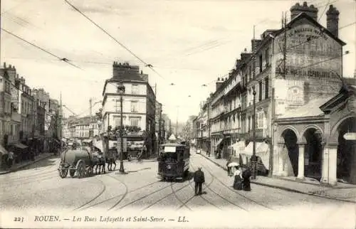 Ak Rouen Seine Maritime, Rues Lafayette und Saint Sever, Straßenbahn