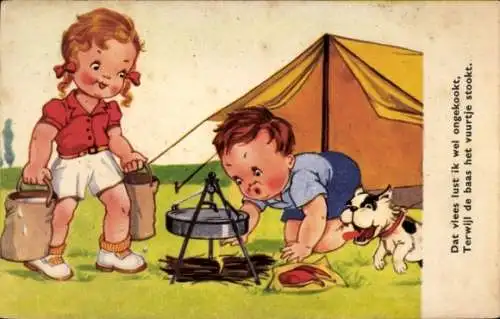 Ak Zeltplatz, Zelt, Junge versucht, Feuer zu machen, Mädchen, Eimer, Wasser, Hund