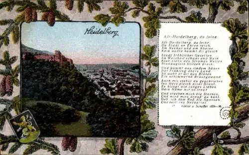 Ak Heidelberg am Neckar, Gedicht Alt-Heidelberg du feine, Wappen, Gesamtansicht