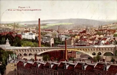 Ak Plauen im Vogtland, König Friedrich August Brücke, Stadtpanorama