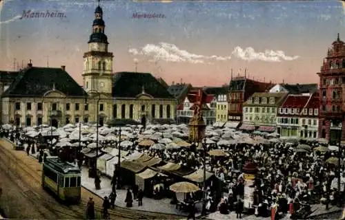 Ak Mannheim in Baden, Marktplatz, Stände, Straßenbahn 1, Litfaßsäule