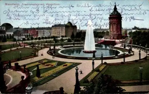 Ak Mannheim, Friedrichsplatz mit Wasserturm, Fontäne