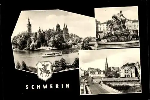 Ak Schwerin in Mecklenburg, Blick zum Schloss, Brunnen am Bahnhof, Schlossstraße, Dom, Staatstheater