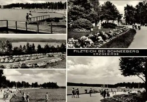 Ak Neustädtel Schneeberg im Erzgebirge, Bergsee Filzteich, Parkplatz, Parkanlage