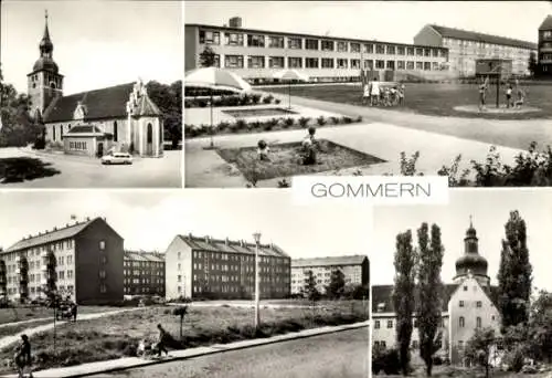 Ak Gommern Jerichower Land, ev. Kirche, Max-Planck-Straße, Karither Straße, Schloss