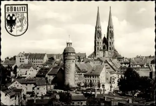 Ak Görlitz in der Lausitz, Blick über die Altstadt mit Peterskirche und Nicolaiturm, Wappen