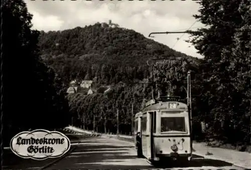 Ak Biesnitz Görlitz in der Lausitz, mit Landeskrone, Straßenbahn Linie 2