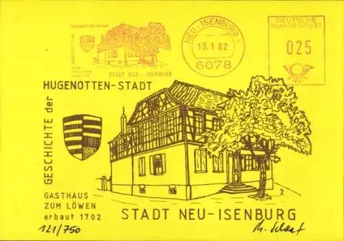 Ak Neu Isenburg in Hessen, Geschichte der Hugenottenstadt, Gasthaus zum Löwen, Wappen