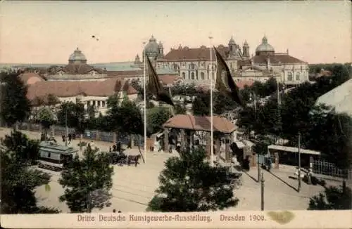 Ak Dresden Altstadt, Dritte deutsche Kunstgewerbe Ausstellung 1906, Straßenbahn