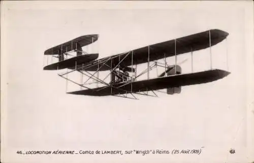 Ak Aerial Locomotion, Comte de Lambert, Wright, Reims, 25. August 1909