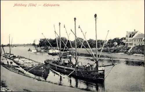 Ak Mühlberg an der Elbe, Blick auf den Hafen, Schiffe